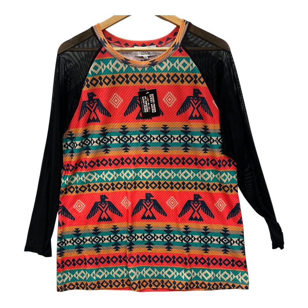 Rowdy Crowd Clothing Womens XL Southwestern Thunderbird Mesh Sleeve Top NWT
